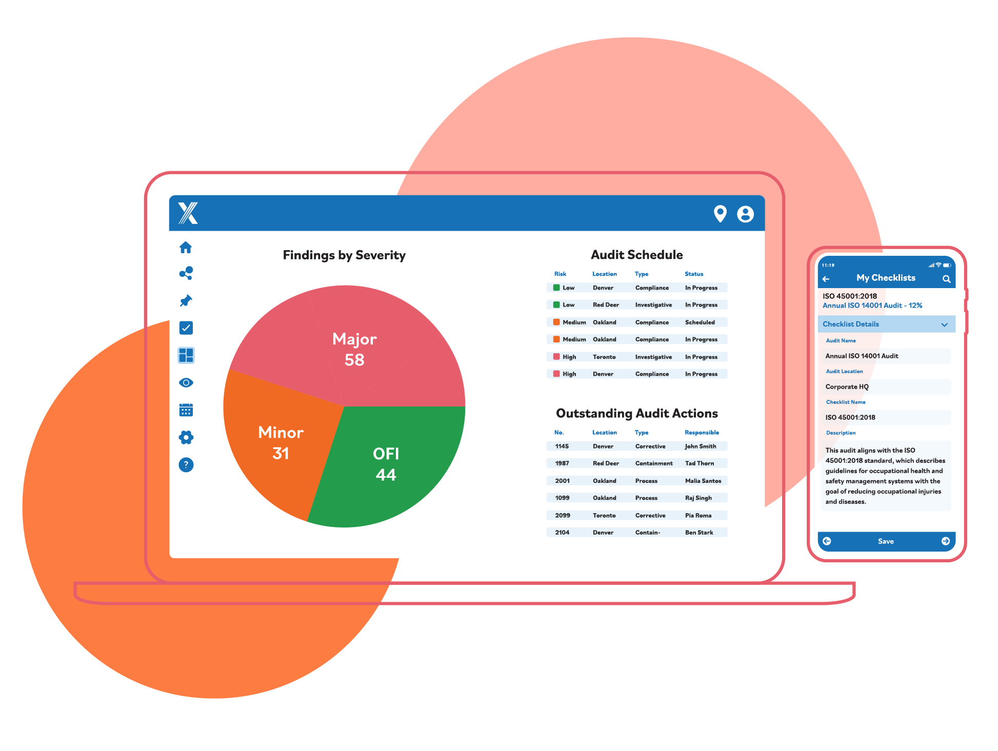 Intelex interface of audit management software on a desktop, laptop and smartphone 