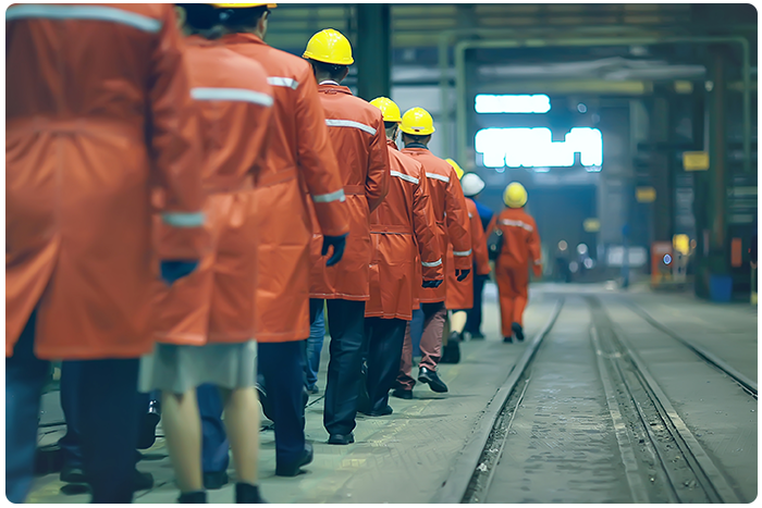 A group of frontline workers in safety equipment at a worksite.