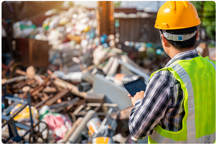 Frontline worker with a tablet analyzes waste