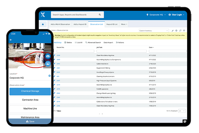 Intelex Safety Observations app on smartphone and tablet