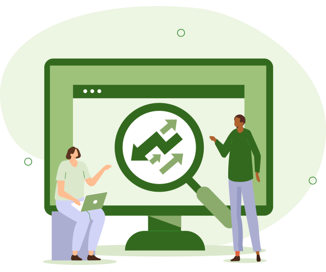 Graphical team members look at a computer user interface and analyze ESG data.