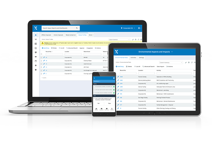 Intelex Sustainability Management Software interface on laptop, tablet and smartphone