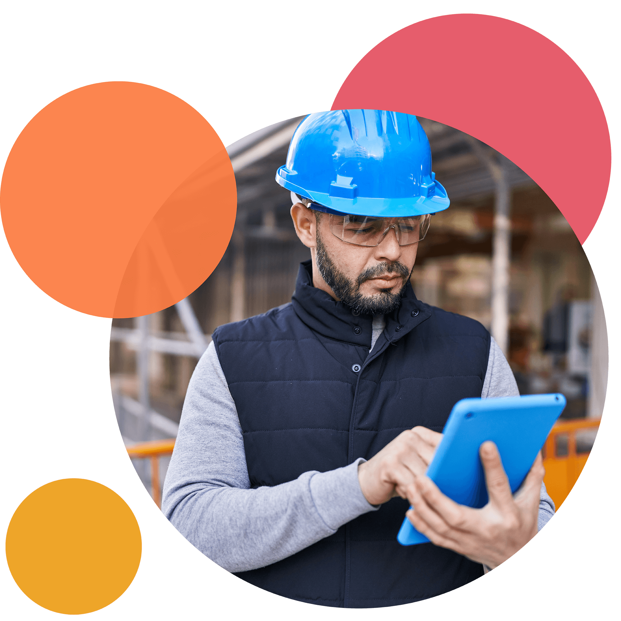 A construction worker views the Intelex mobile app on a tablet